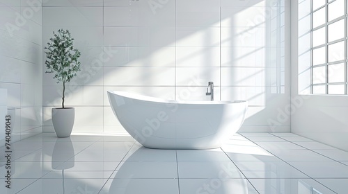 A bright bathroom with a pure white bathtub and empty tile floor