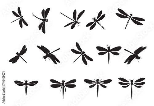 set of dragonfly silhouettes, insects, on white background 