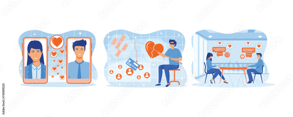Online dating app.   Online dating scam. Romantic couple having conversation on internet. Set flat vector modern illustration  