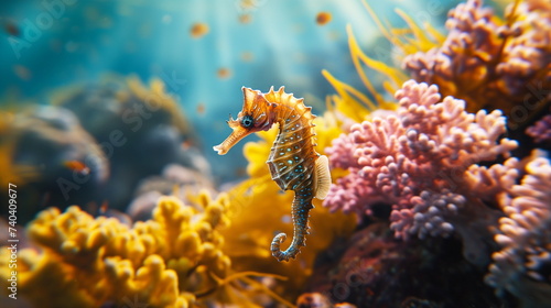 A seahorse drifts amongst coral reefs, displaying its unique shape and textures. © weerasak