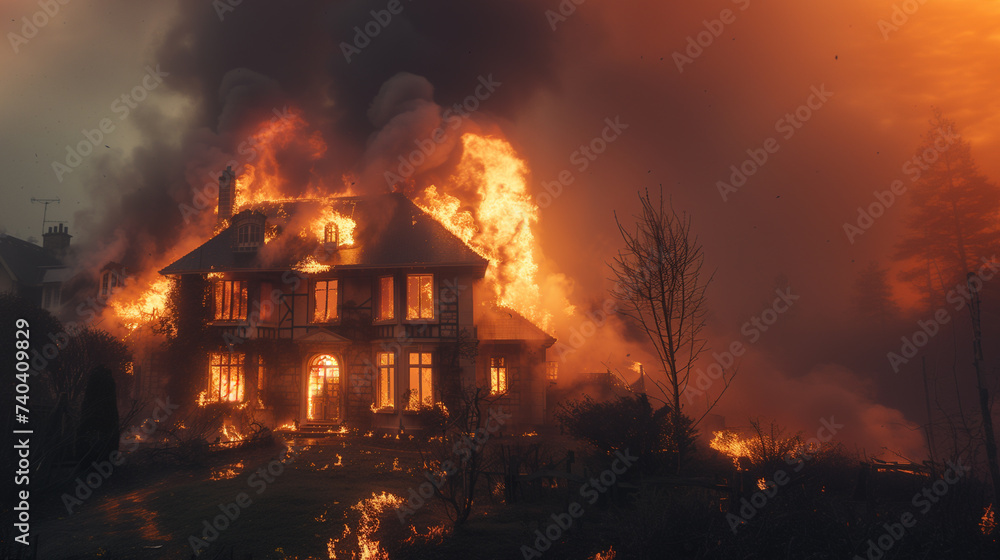 An intense fire destroys a rural house at sunset, with fire engulfing the structure and surrounding area under a dramatic sky.