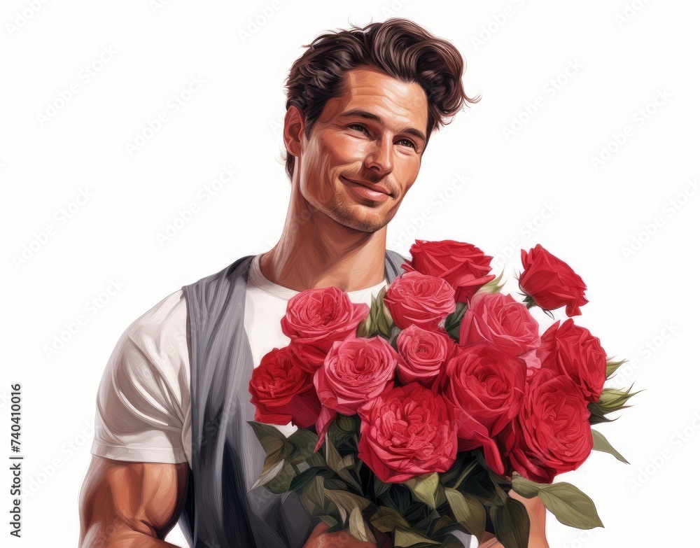Handsome strong man with a large bouquet of bright red roses Handsome strong man with a large bouquet of bright red roses