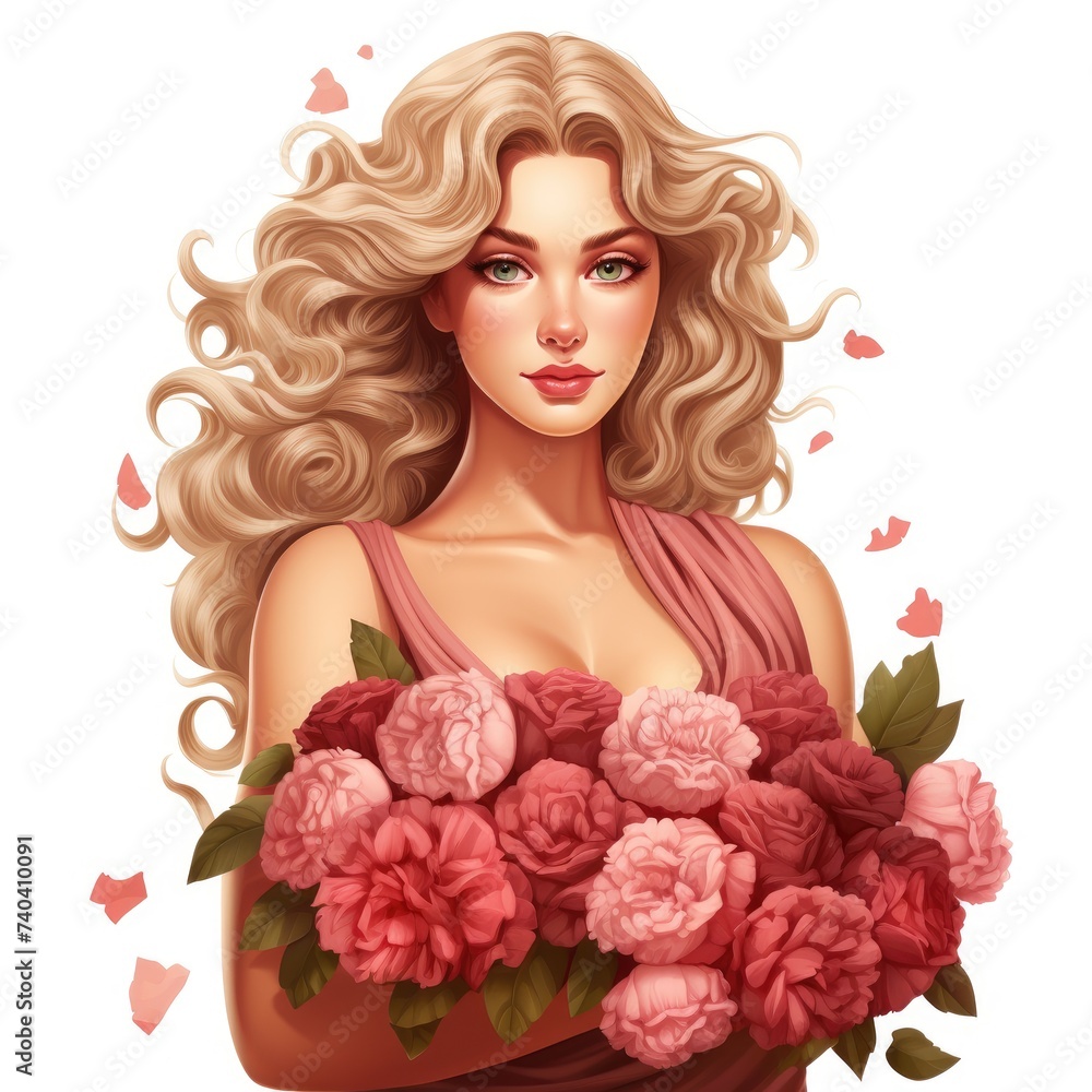 Woman in Pink Dress Holding Bouquet of Flowers