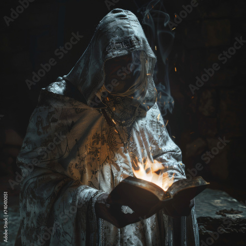 Mysterious chants echo through the dark as a fantasy priest calls upon arcane powers hidden from mortal eyes