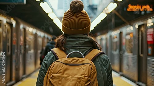 Woman wearing a beanie from behind walking through a subway station photo
