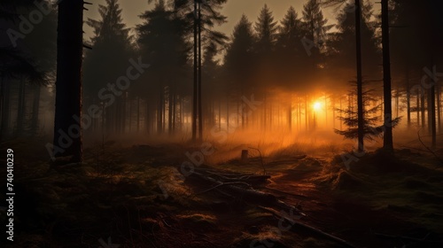 sunset in foggy forest