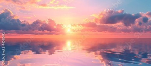 The sun is dipping below the horizon, casting a warm glow over the lake with a boat gently floating in the water. Clouds drift lazily in the sky, creating a serene natural landscape