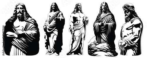 Set of Jesus Christ son of God, silhouettes of black white inking drawings of the King Statue. Detailed statues. Easter background resurrection and Good Friday. Christian holiday vector. Generative AI