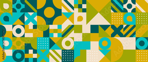 Green beige and yellow vector simple and minimalist flat mosaic banners with shapes. Abstraction, minimalism, flat. For background, poster, flyer, banner, invitation, cover for book, catalog, report