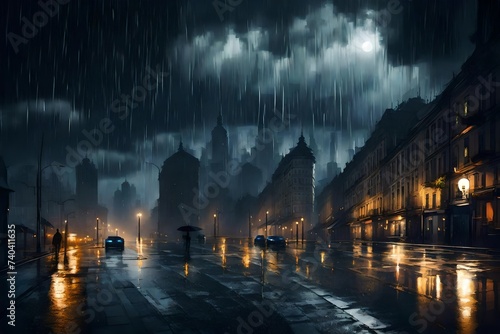 night view of the city with rain