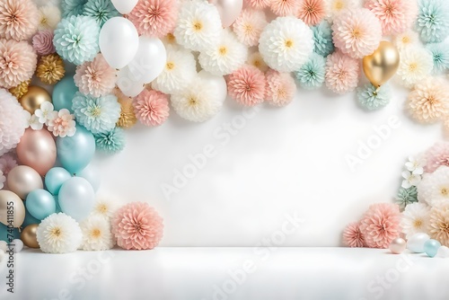 realistic spring floral balloon wall, white floor, neutral colors