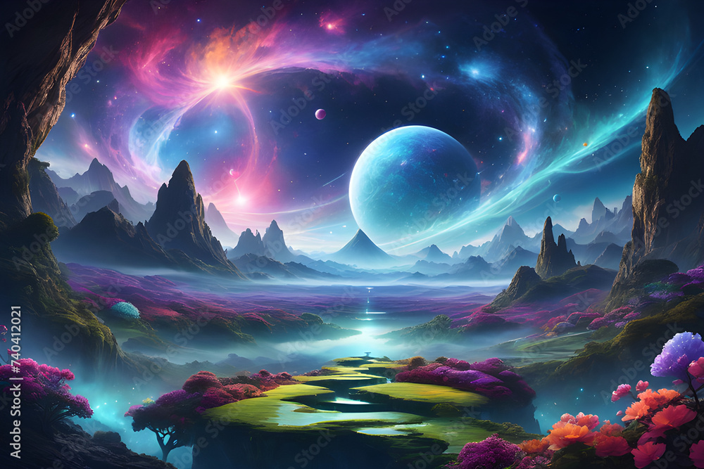 AI-generated landscape depicting a celestial realm where nebulae intertwine with cosmic gardens, inhabited by ethereal beings.