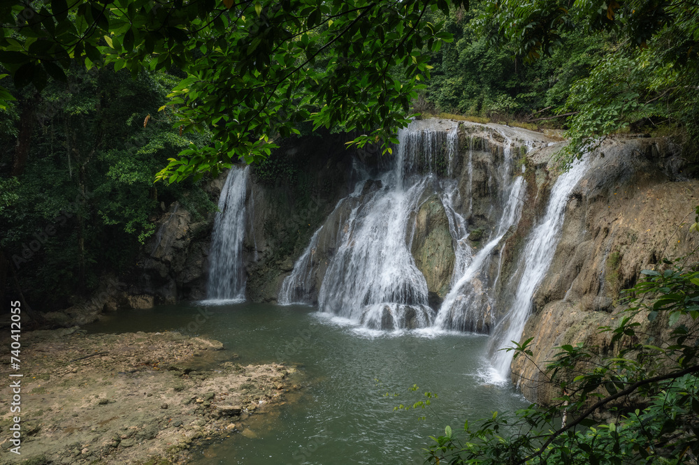 Scenic White Surf waterfall in the tropical forests of Little Andaman island of Andaman and Nicobar archipelago, India Scenic White Surf waterfall in the tropical forests of Little Andaman island of Andaman and Nicobar archipelago, India