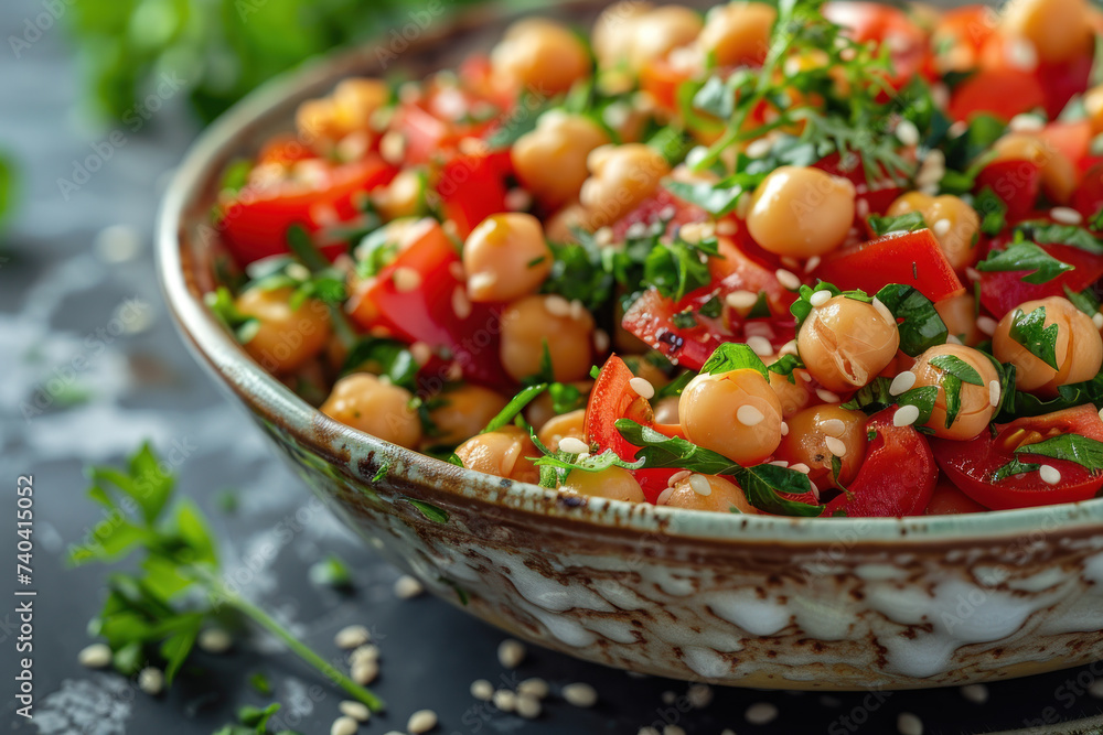 Plating design of vegan chickpea salad with fresh ingredient appetizer Plating design of vegan chickpea salad with fresh ingredient appetizer
