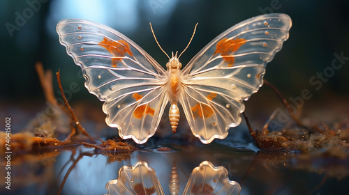Realistic macro shot of a mirror butterfly (Greta oto), a type of moth in the family Nymphalidae with transparent wings photo