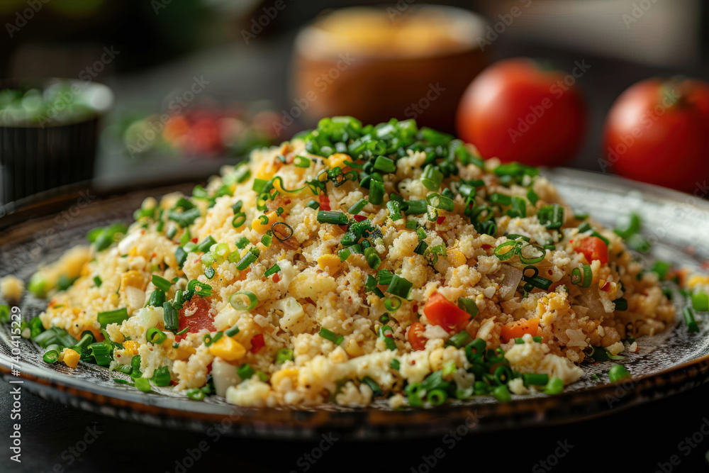 A plate of cauliflower fried rice, garnished with chopped green onions