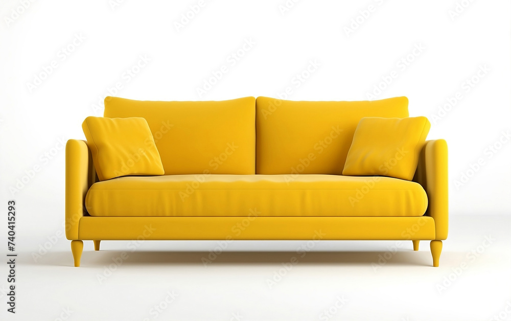 Modern yellow sofa with pillows on wooden legs isolated on white. Yellow suede couch isolated Modern yellow sofa with pillows on wooden legs isolated on white. Yellow suede couch isolated
