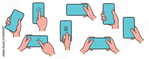 Vector illustration. Set of hand gestures expressions with, hands holding and touching to mobile phone, flat color, isolated elements.