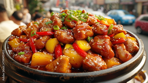 Sweet and sour chicken with vegetables sprinkled with sesame seeds served in a traditional bowl. photo