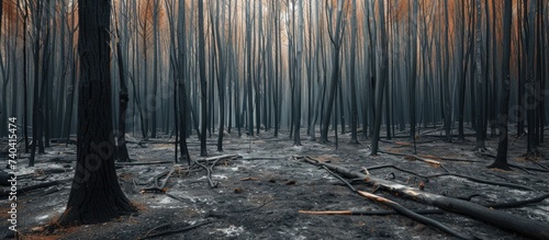 This photo depicts a dense forest teeming with tall trees that have regrown after a devastating forest fire caused by human negligence. photo