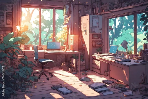 Lofi empty interior. Messy desk, window view of a forest, jungle. Anime, manga style. Colorful study lo-fi desk. Cozy chill vibe. Hip-hop atmoshperic lighs. Stars 4k wallpaper photo