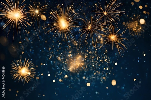Gold and dark blue Fireworks and bokeh in New Year eve and copy space. Abstract background holiday