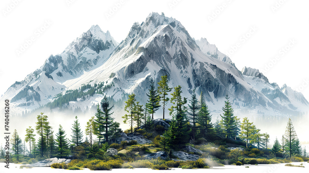 mountain with pine trees, isolated on white background PNG mountain with pine trees, isolated on white background PNG