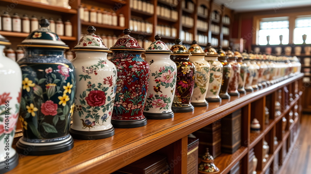 Row of decorative ceramic jars with intricate floral designs on shelves in a traditional apothecary.