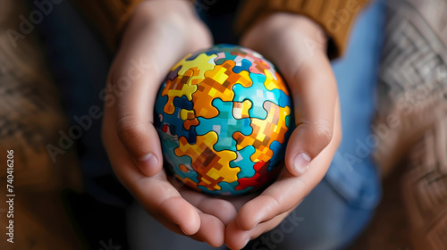 hands holding a globe with the autism awareness logo