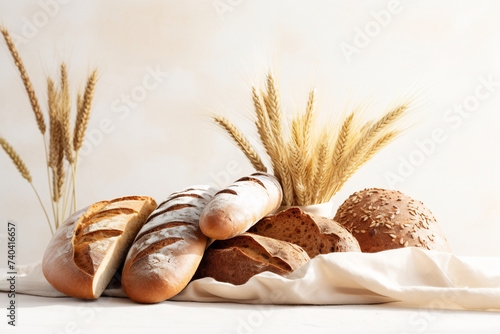 Artisan Bread Assortment with Wheat Stalks, Bakery Freshness and Natural Ingredients