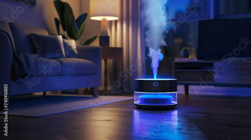 A humidifier in action displaying a blue LED light when turned on.