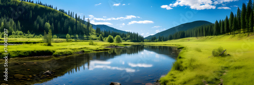 Ethereal Wilderness: An Enchanting Dance of Forest, River, and Mountains Under the Azure Sky