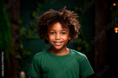 Portrait of a small boy with afro hair looking at the camera and smiling