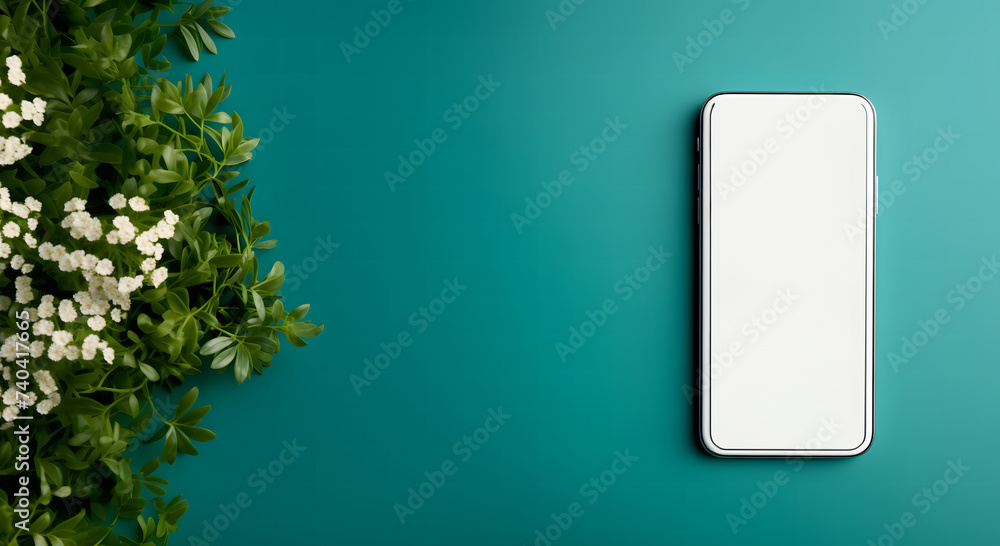 Trendy light green workspace background with smartphone white empty screen, top view, flat lay Trendy light green workspace background with smartphone white empty screen, top view, flat lay