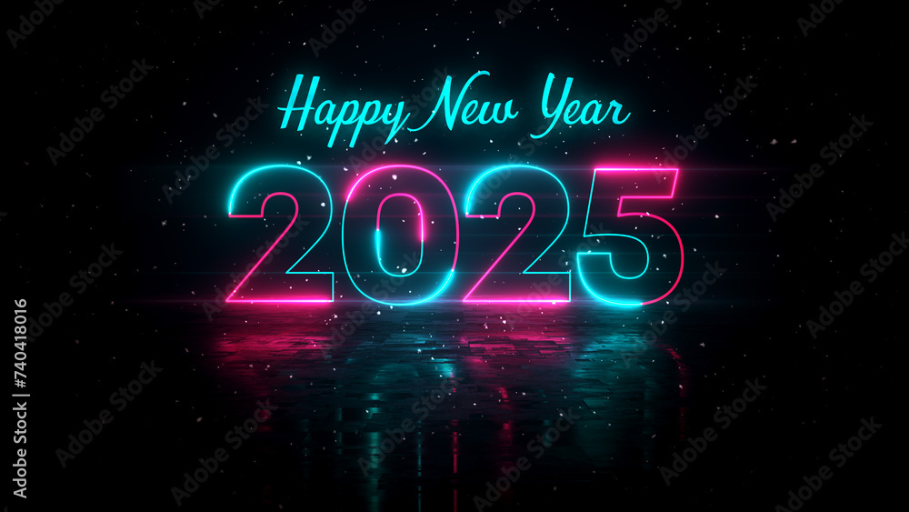 Futuristic Turquoise Red Glowing Neon Light Happy New Year 2025 Lettering With Floor Reflection Amid The Falling Snow On Dark Background