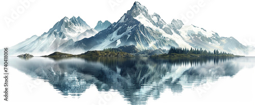 Snowy mountain with reflection on the water cutout isolated on a transparent background. PNG element for landscape design background.