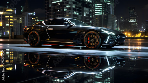 Glossy Black Sports Car Gleaming under the Metropolitan City Night Lights