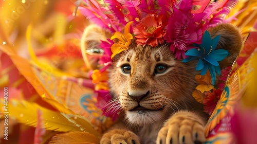 Funny cute lion cub with colorful carnival costume headdress made of feathers looking posing at camera happy party animal