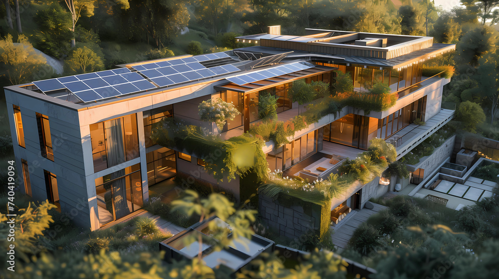 A luxury villa exterior with solar panels on the roof