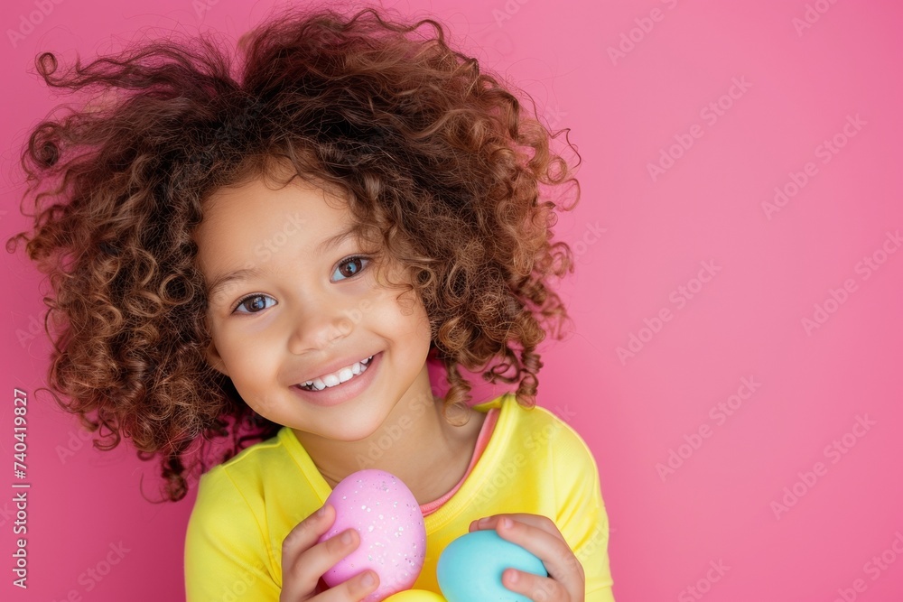 Happy child holding Easter Eggs on pink background - Happy child holding Easter Eggs on pink background -
