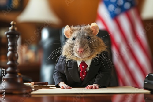 Rat wearing a suit sitting in a desk with the US flag in the background © Adriana