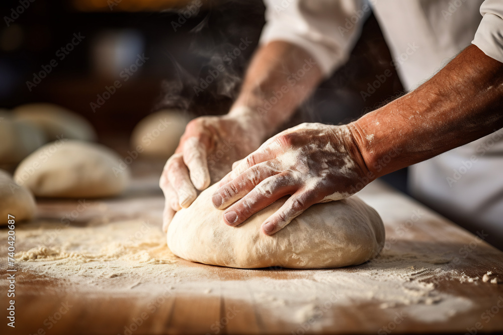 Artisan Baker Kneading Dough with Expert Hands in a Rustic Bakery, The Craft of Bread Making