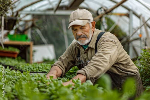 Senior man working in a greenhouse and his gaze reflecting years of experience and enduring love for the earth.