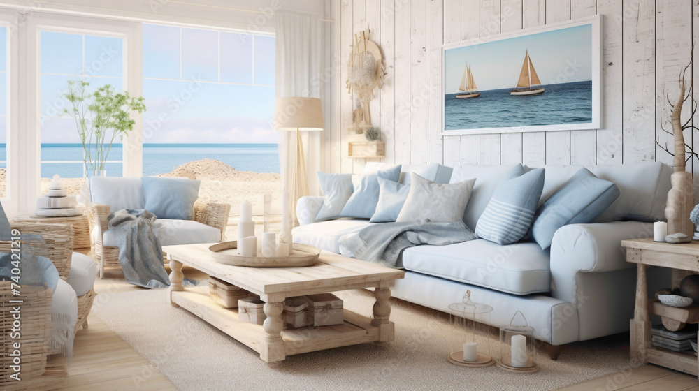 A Scandinavian living room with a touch of coastal charm, showcasing nautical-inspired decor, light blue accents, and natural elements like driftwood and seashells.