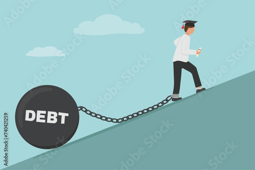 Student debt illustration concept. Graduate struggling with loan repayments. Man walking up hill with ball of debt chained to his leg. 