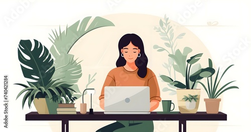 illustration of woman working happily from home, white background and flower pots