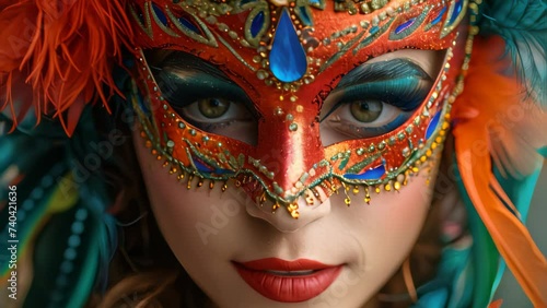 Young woman with mask and carnival costume in carnival. photo