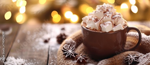 A comforting dessert made of hot chocolate topped with whipped cream and marshmallows, served on a wooden table