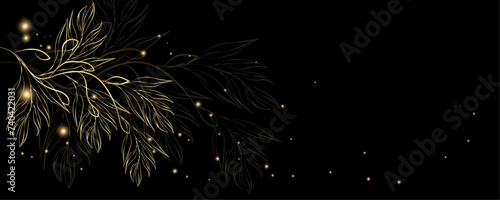 Golden Line art botany banner. Japanese style Hand drawn vector. Line art style design. Concept traditional Asian Card with space for text wedding, invitation, template card Golden frames.