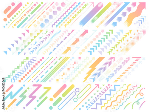 カラフルなグラデーションの右上がりの線と矢印の飾りセット